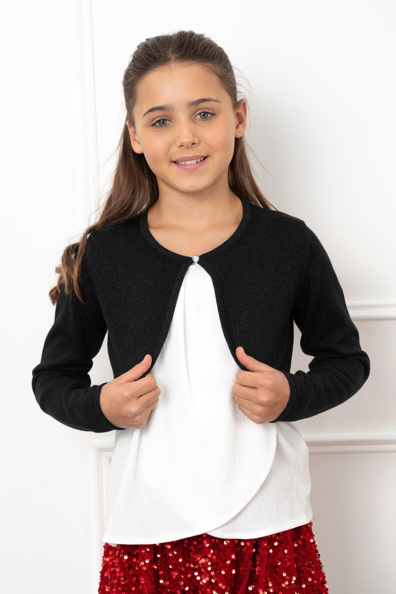 BOLEROSE كارديجان بوليروز للفتيات بأكمام طويلة مع لمسة لامعة (أسود، 7-8 سنوات) - Image 4